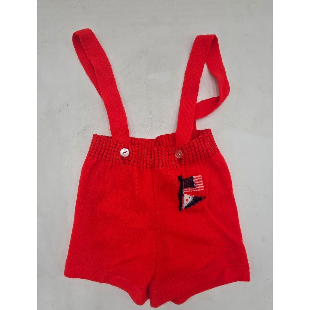 Vintage Red Knit Suspenders Shorts with American Flag Sailboat Toddler 3T
